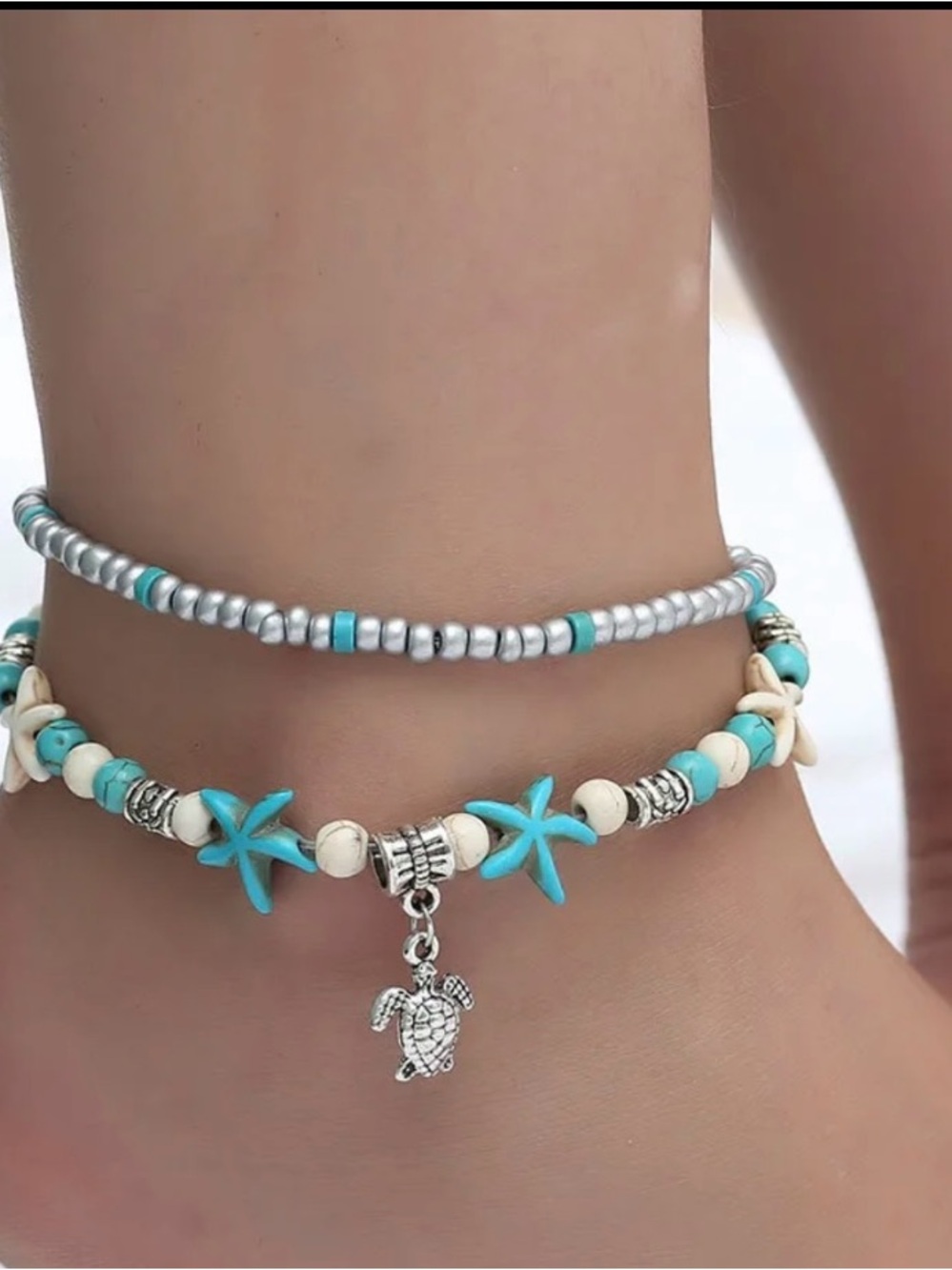 Turquoise Starfish & Turtle Beaded Anklet Set